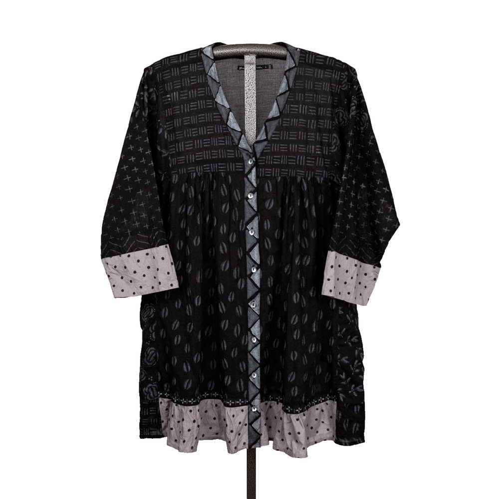 Gudrun Sjoden Organic Cotton Tunic LARGE Mixed Pattern Black Gray Lagenlook Boho